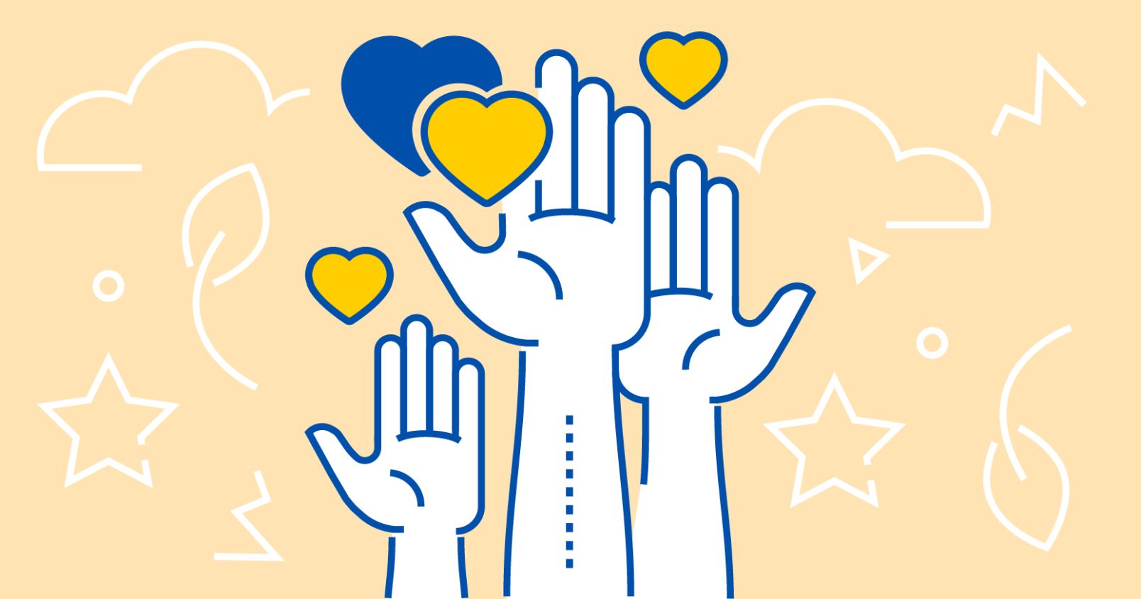  Grafika przedstawiająca 3 dłonie wyciągnięte w górę w geście zgłaszania się oraz serca w kolorach niebieskim i żółtym (flagi Ukrainy)