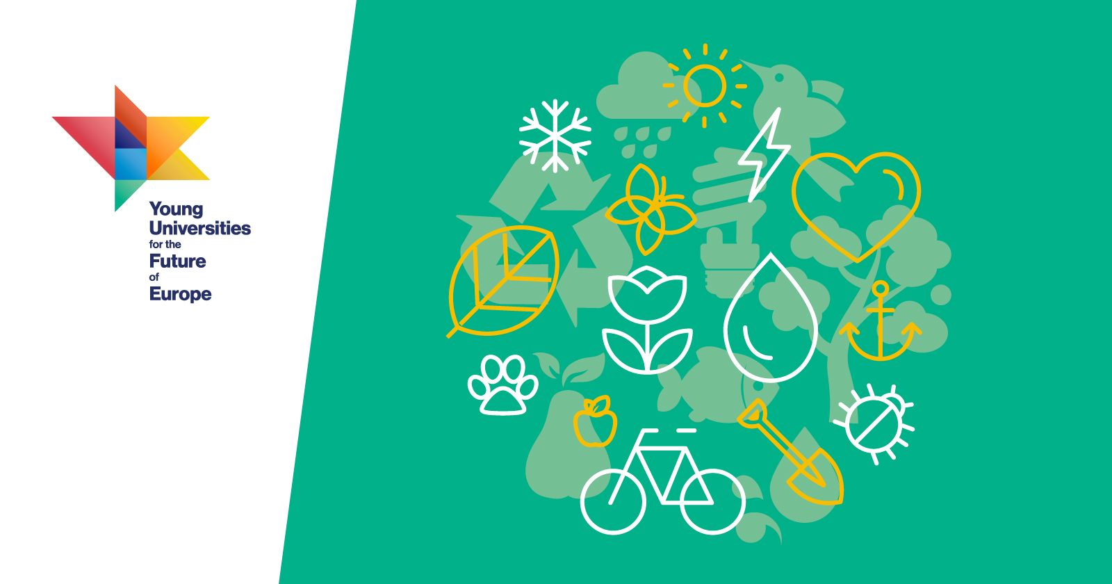  Grafika ilustrująca piktogramy liści, kropli wody, rower, owady itd. oraz logo YUFE
