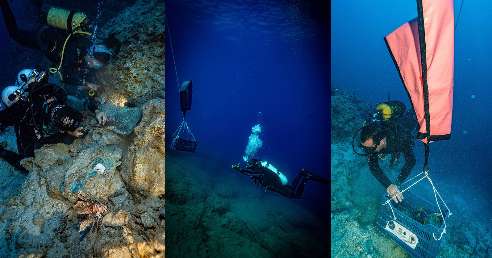 Naukowcy z Centrum Archeologii Podwodnej Uniwersytetu Mikołaja Kopernika w Toruniu badali wrak statku z epoki brązu zatopiony u wybrzeży Turcji Trzy zdjęcia podwodne nurków badających wrak zatopiony u wybrzeży Turcji