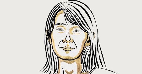 The Nobel Prize in Literature 2024 is awarded to the South Korean author Han Kang An illustration in beige and gold colors depicting Han Kang.