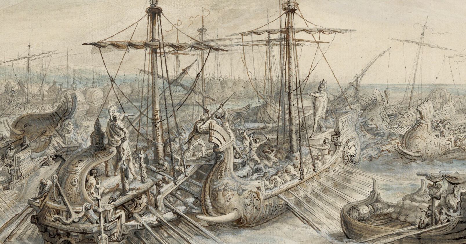 Fragment grafiki Gabriela de Saint-Aubin "Bitwa pod Eknomos" z ok. 1753 Grafika przedstawiająca bitwę morską, w centralnym planie dwa duże statki żaglowe toczące bitwę na morzu