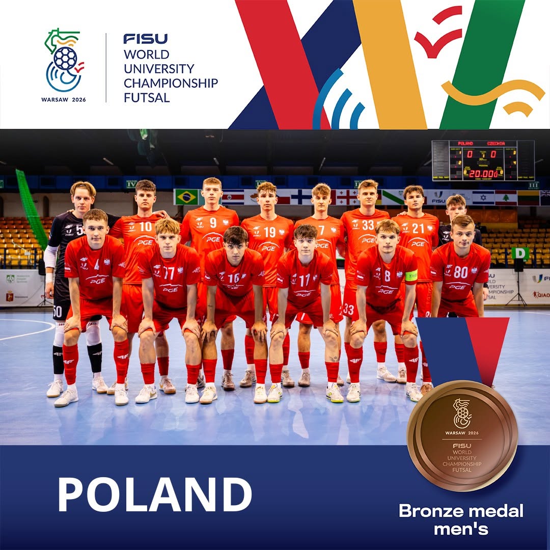 Grafika przedstawia reprezentację Polski, na g&oacute;rze umieszczono logo FISU, a poniżej napis "POLAND, Bronze medal men's"