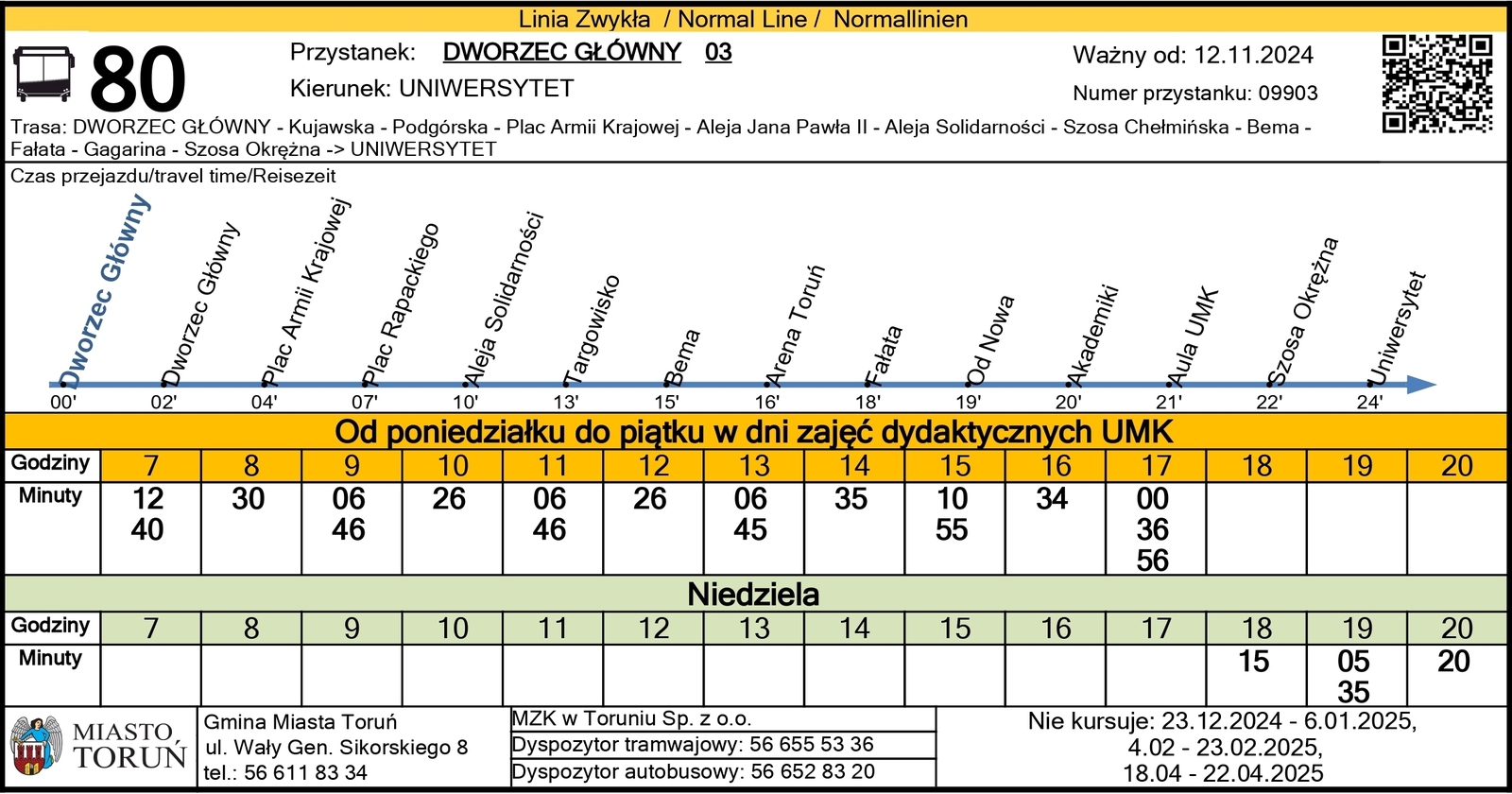 Tabliczka z rozkładem jazdy autobusów lini nr 80 w kierunku Uniwersytetu