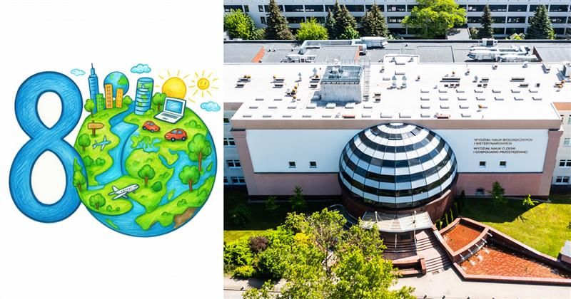 Kolaż: po lewej stronie ilustracja wykonana z okazji 80-lecia geografii UMK, przedstawiająca liczbę 80, gdzie 0 przedstawia rysunek Ziemi. Po prawej stronie zdjęcie budynku WNoZiG zrobione z lotu ptaka.