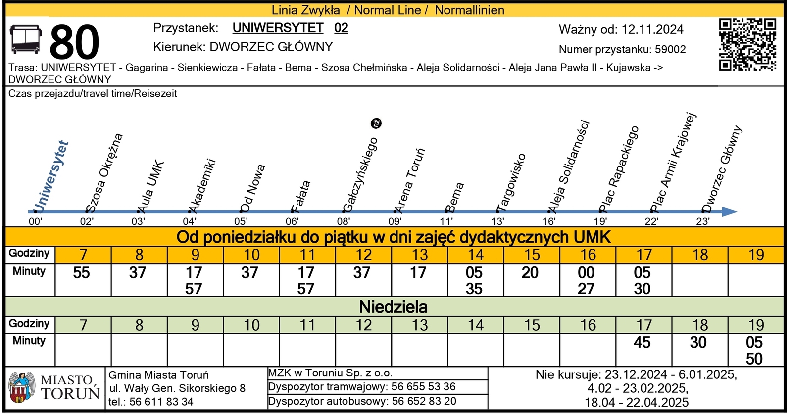 Tabliczka z rozkładem jazdy autobusów lini nr 80 w kierunku Dworca Głównego PKP