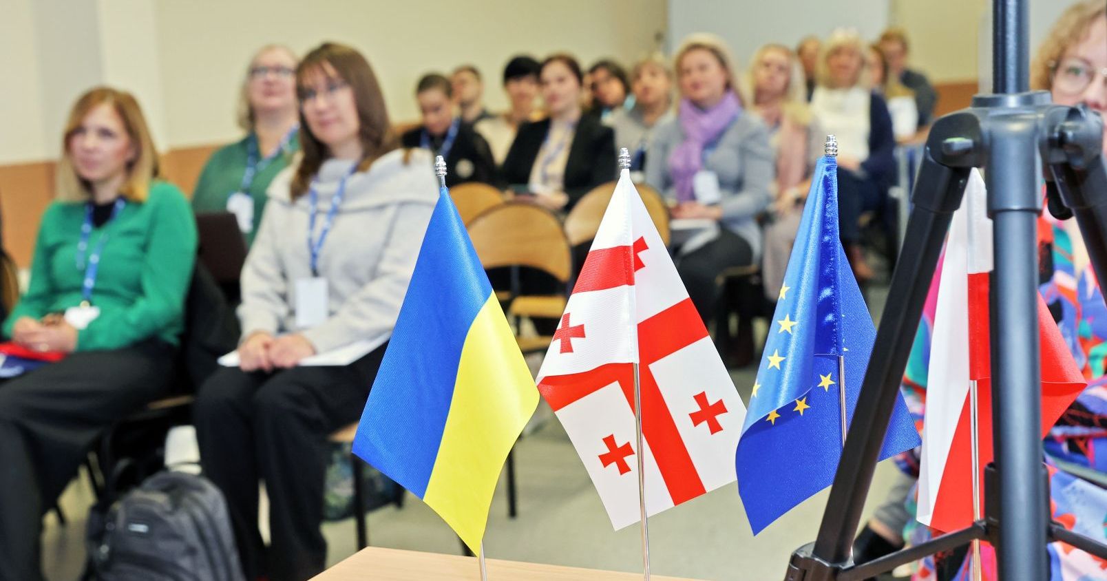 Academic language teachers specialising in various fields were invited to participate in the event. They came from both the YUFE-affiliated universities and Ukrainian universities Flags of Ukraine, Georgia, and EU in a conference room with attendees in the background.