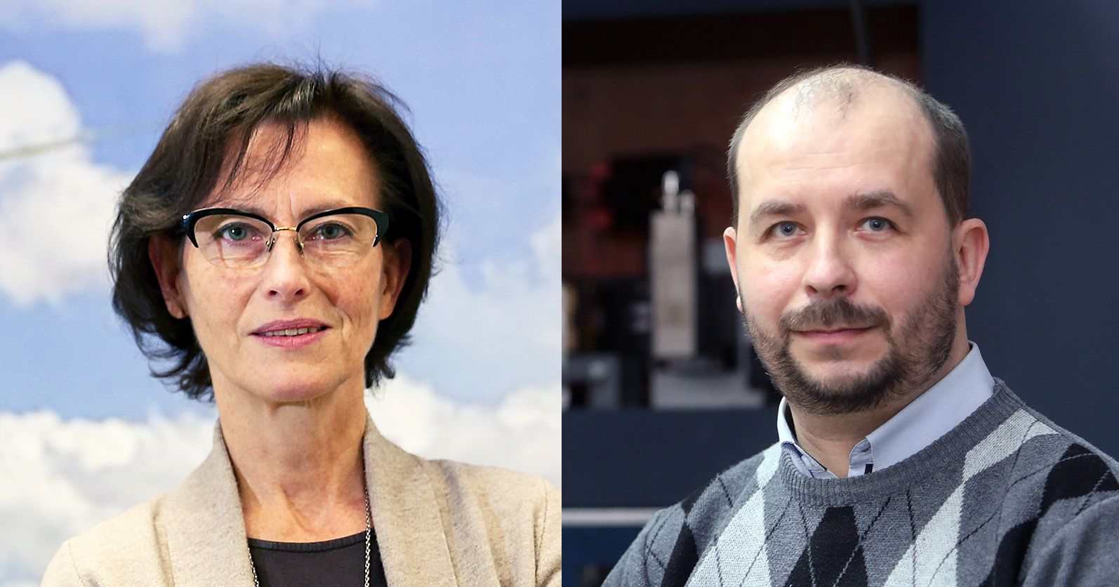 Prof. Alicja Chruścińska i dr Marcin E. Witkowski z Instytutu Fizyki na Wydziale Fizyki, Astronomii i Informatyki Stosowanej UMK Kolaż z dwóch zdjęć portretowych - po lewej stronie kobieta, po prawej - mężczyzna