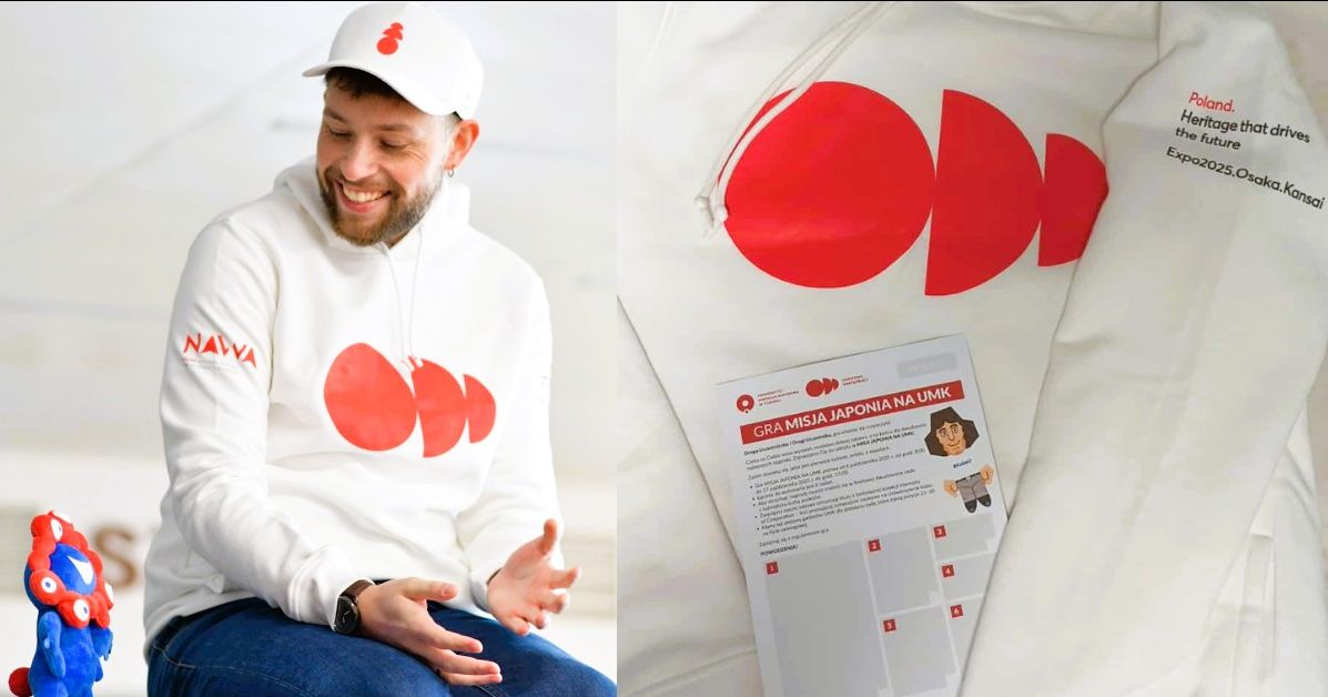 The game “Mission Japan at UMK” will run from October 6 to 17 A man wearing a white sweatshirt with a red symposium logo, next to a photo of the sweatshirt itself and a competition card.
