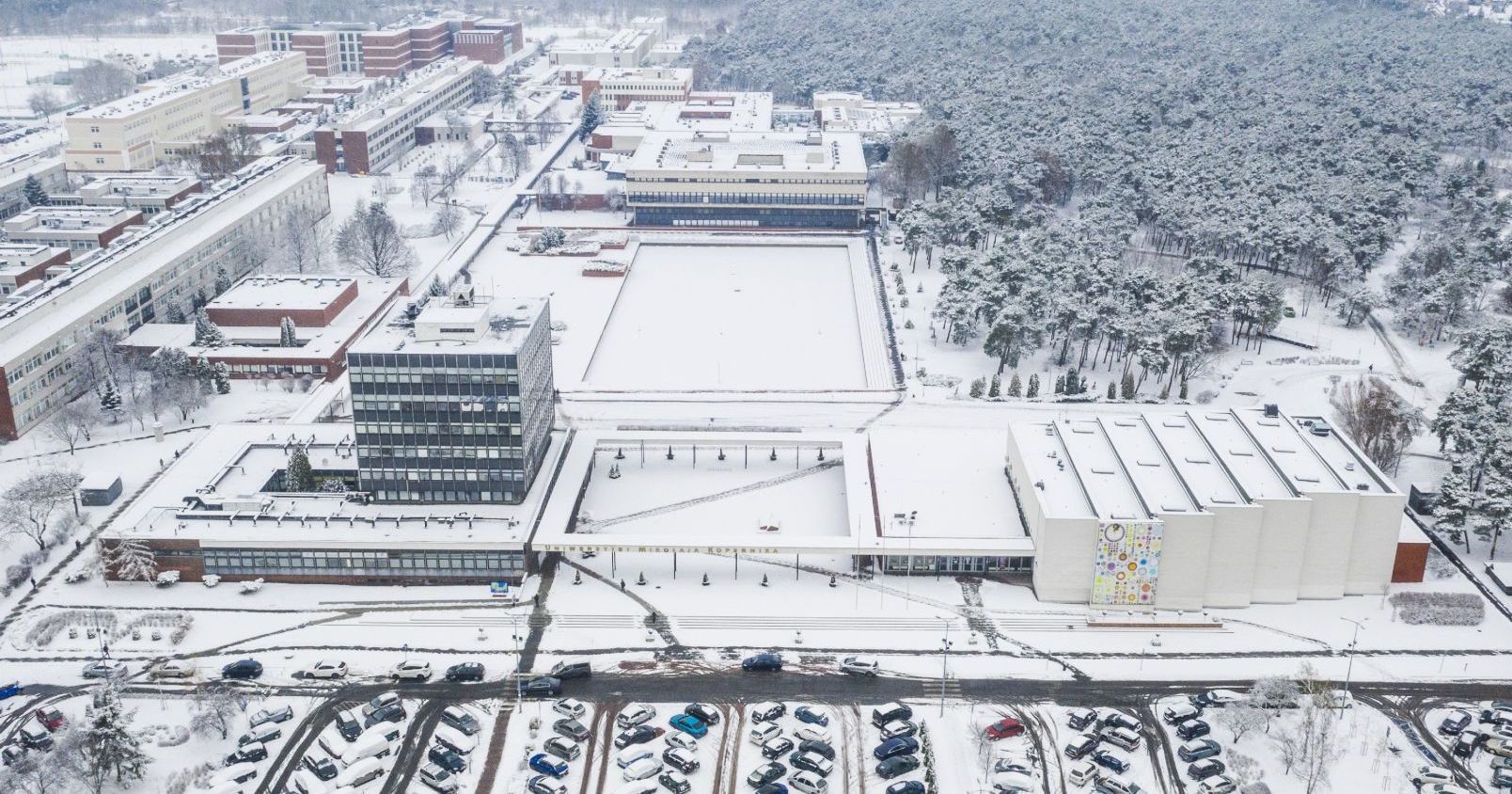  Photo of the NCU campus taken from a drone, winter weather, the ground is covered with snow