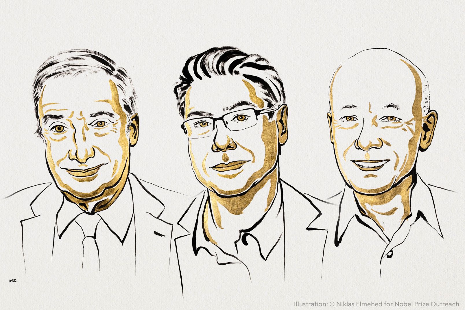Grafika noblowska przedstawiająca laureatów, od lewej: Joel Mokyr, Philippe Aghion i Peter Howitt