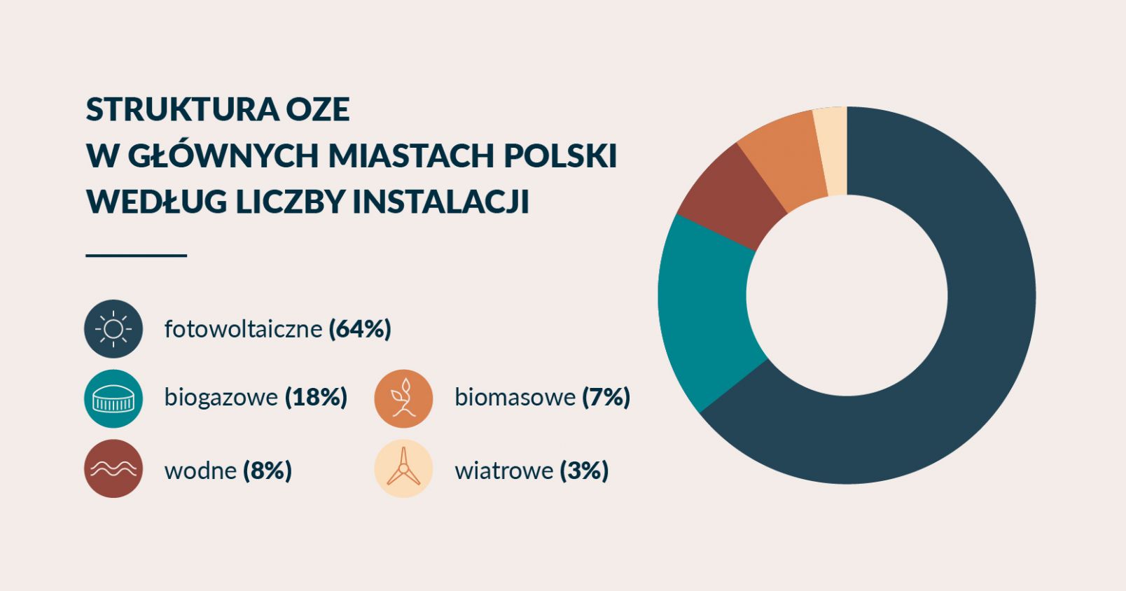 Struktura OZE w głównych miastach Polski według liczby instalacji