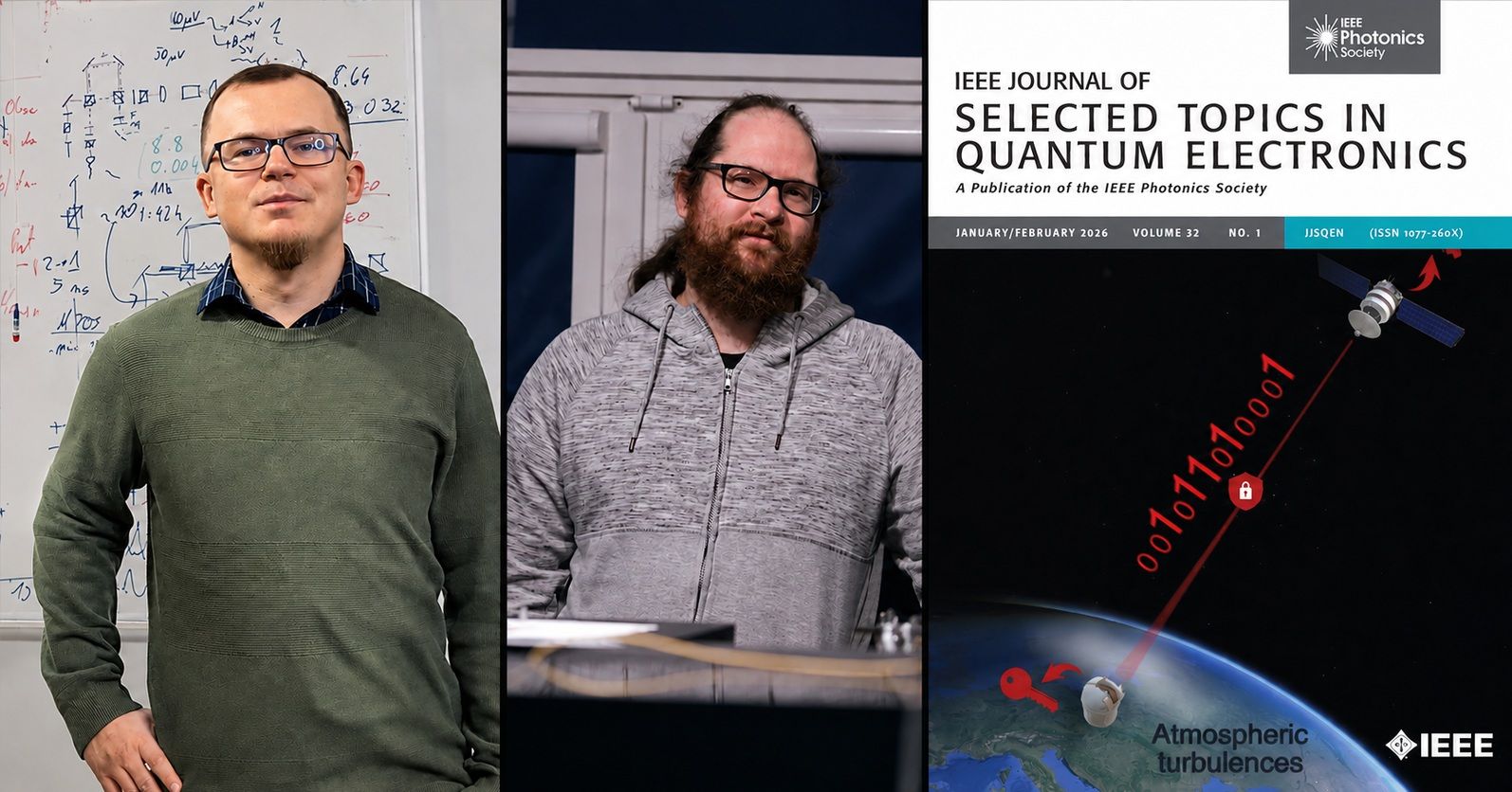 Dr Artur Czerwiński i dr Mikołaj Lasota z Instytutu Fizyki UMK.  Po prawej okładka IEEE Journal of Selected Topics in Quantum Electronics Kolaż zdjęć Artura Czerwińskiego, Mikołaja Lasoty i okładki czasopisma IEEE Journal of Selected Topics in Quantum Electronics