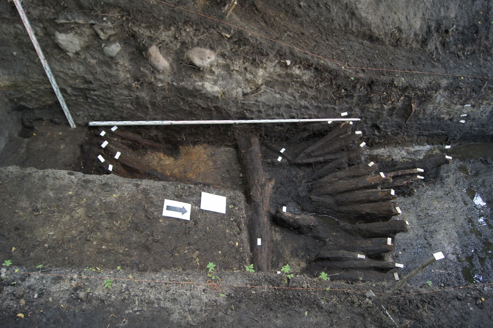 Widok z g&oacute;ry na fragment dookolnych drewnianych umocnień obronnych grodu, odsłoniętych w trakcie wykopalisk.