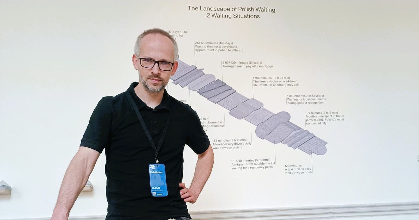 Dr Stanisław Kośmiński wyrzeźbił w drewnie jeden z dwunastu elementów instalacji artystycznej Pawilonu Polskiego na London Design Biennale 2025 Dr Stanisław Kośmiński na tle diagramu wyjaśniającego znaczenie poszczególnych elementów instalacji artystycznej Polskiego Pawilonu