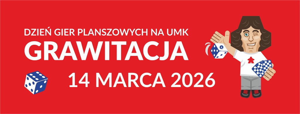 Grafika tegorocznej Grawitacji z napisem "Dzień gier planszowych Grawitacja" i datą wydarzenia oraz Koperniczkiem z kostką do gry i kartami