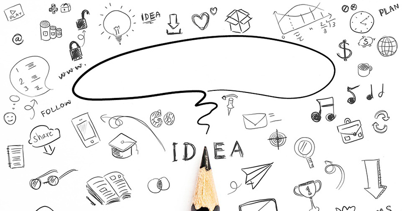  Grafika z ołówkiem, napisem "IDEA", dymkiem symbolizującym myśli i małymi rysunkami różnych symboli: nut, książek, telefonu, żarówki, wykresu, zegara, pieniędzy, listu itd.