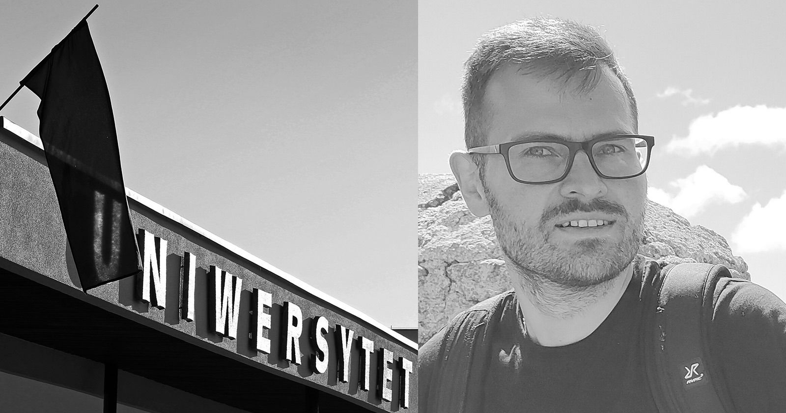 Czarna flaga wywieszona przed budynkiem Rektoratu oraz czarno-białe zdjęcie portretowe prof. Łukasza Jermacza