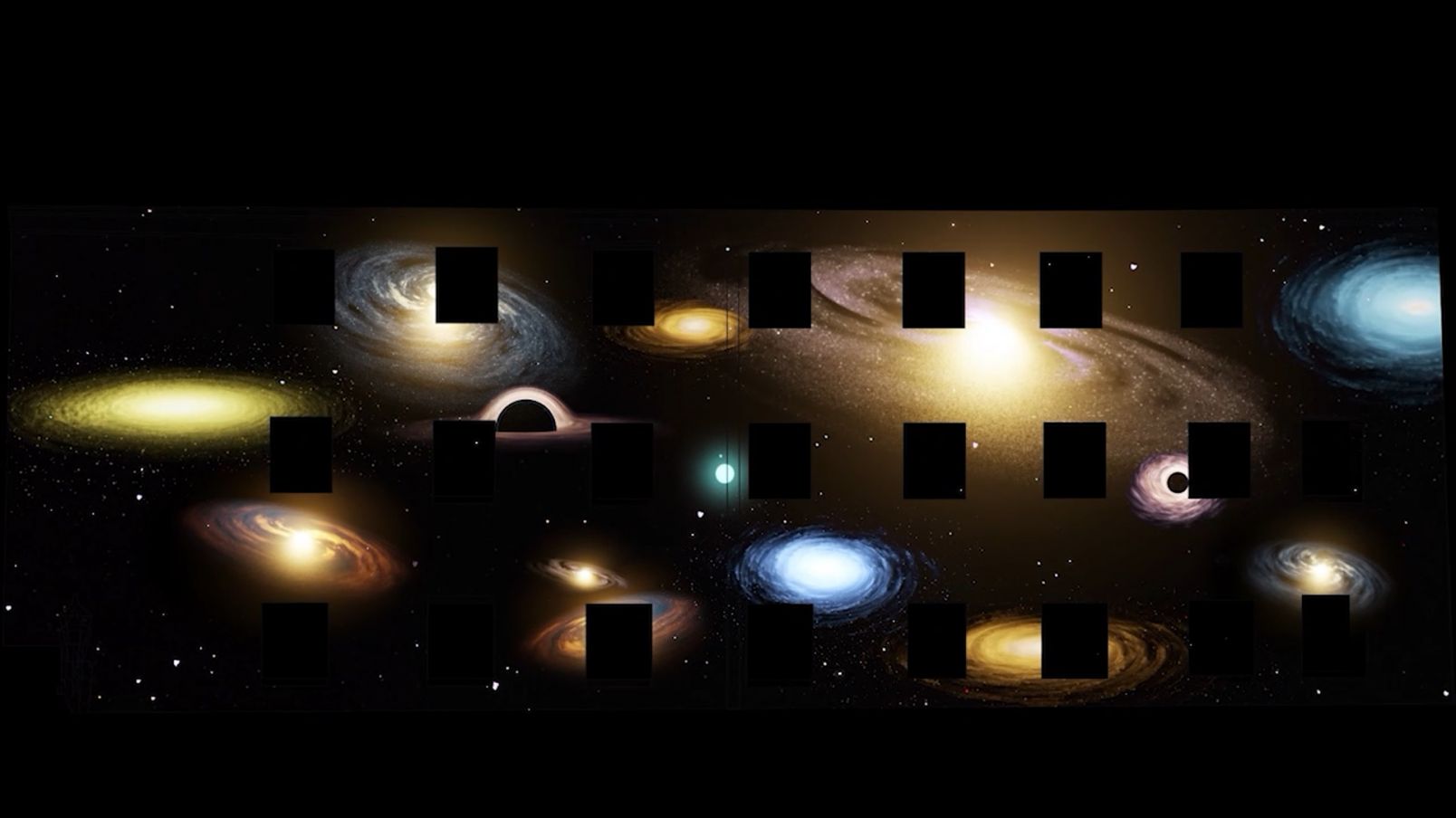 Kadr z instalacji "Inside Energy", przedstawia kosmos i różne galaktyki.