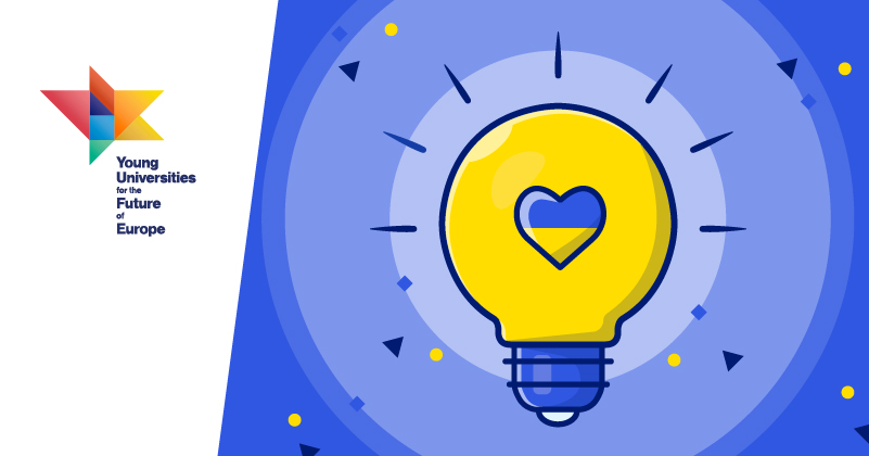  Graphic with logo YUFE and lightbulb with blue and yellow heart in the middle