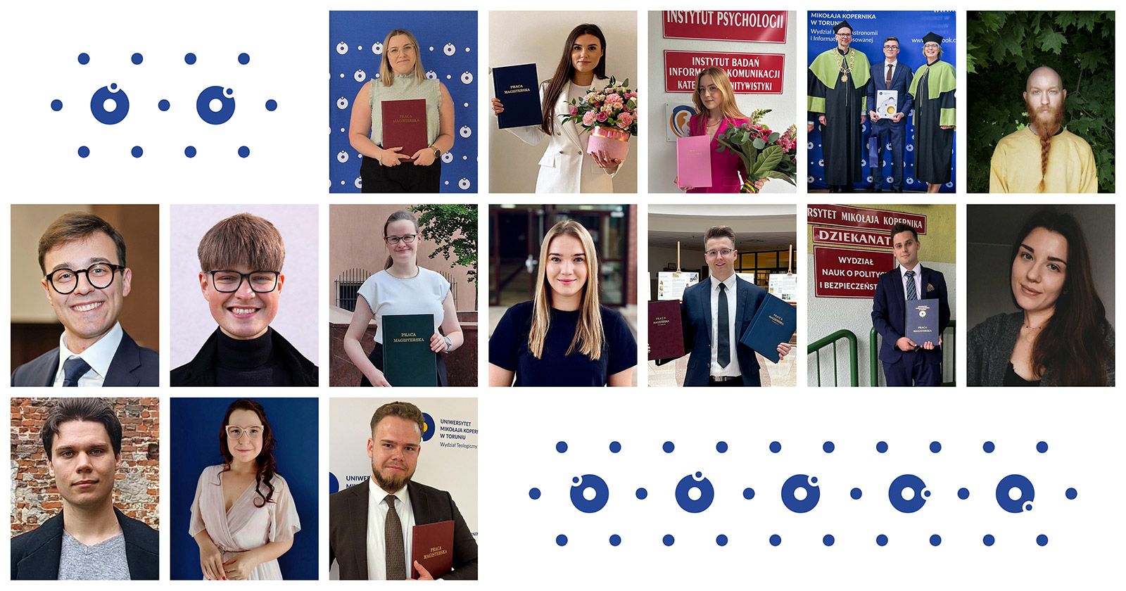 Kolaż złożony ze zdjęć wszystkich najlepszych absolwentów i absolwentek. W lewym górnym rogu widnieje logo UMK Program Absolwencki, a w prawym dolnym rogu napis "Najlepsze Absolwentki i Najlepsi Absolwenci UMK 2024/2025".