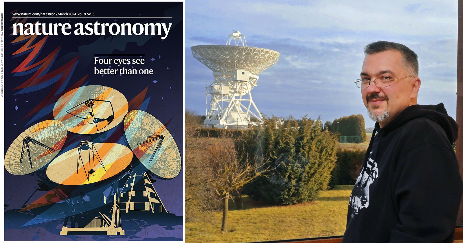Collage: on the left a graphic with four radiotelescopes, on the right a man stands by the window, in the background there is a radiotelescope