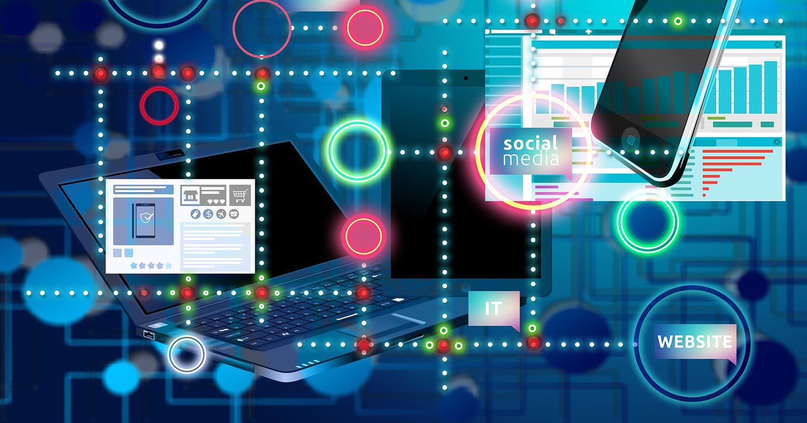  Grafika z laptopem, tabletem, smartfonem, wykresami oraz kropkami symbolizującymi połączenia pomiędzy napisami "website", "IT" i "social media"