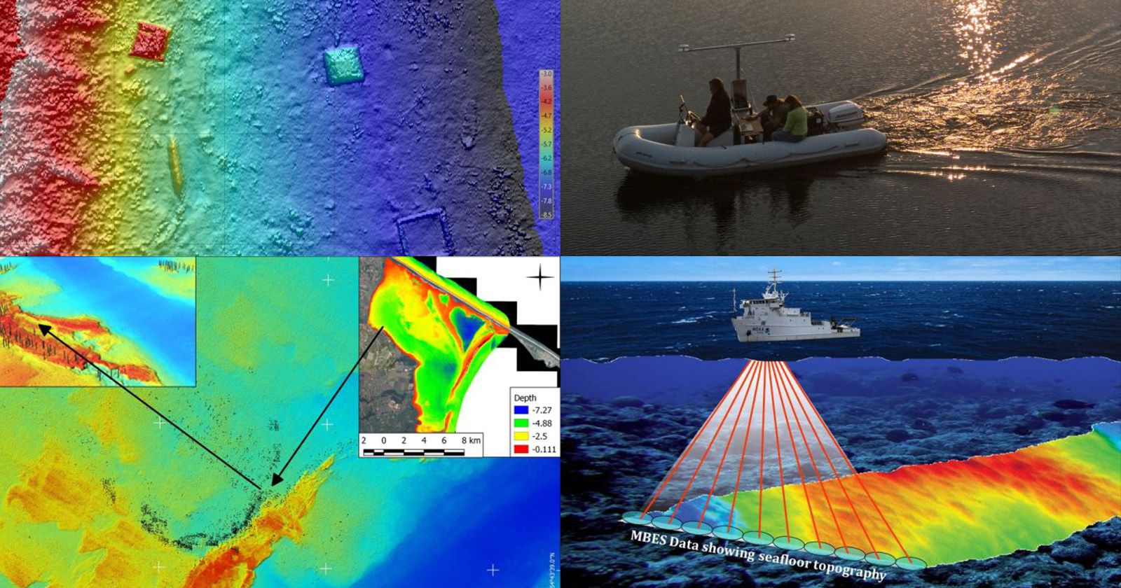 Thanks to the Multibeam Echo Sounder system, archaeological field research will be more efficient and precise A collage of graphics depicting images from the probe