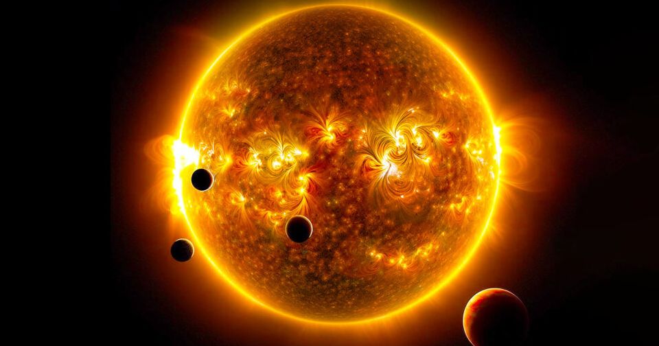 Artystyczna wizja gwiazdy karłowatej TOI-1136 pokazuje, jak egzoplanety na bliskich orbitach są niszczone i rzeźbione przez promieniowanie i rozbłyski słoneczne planeta w rozbłyskach światła