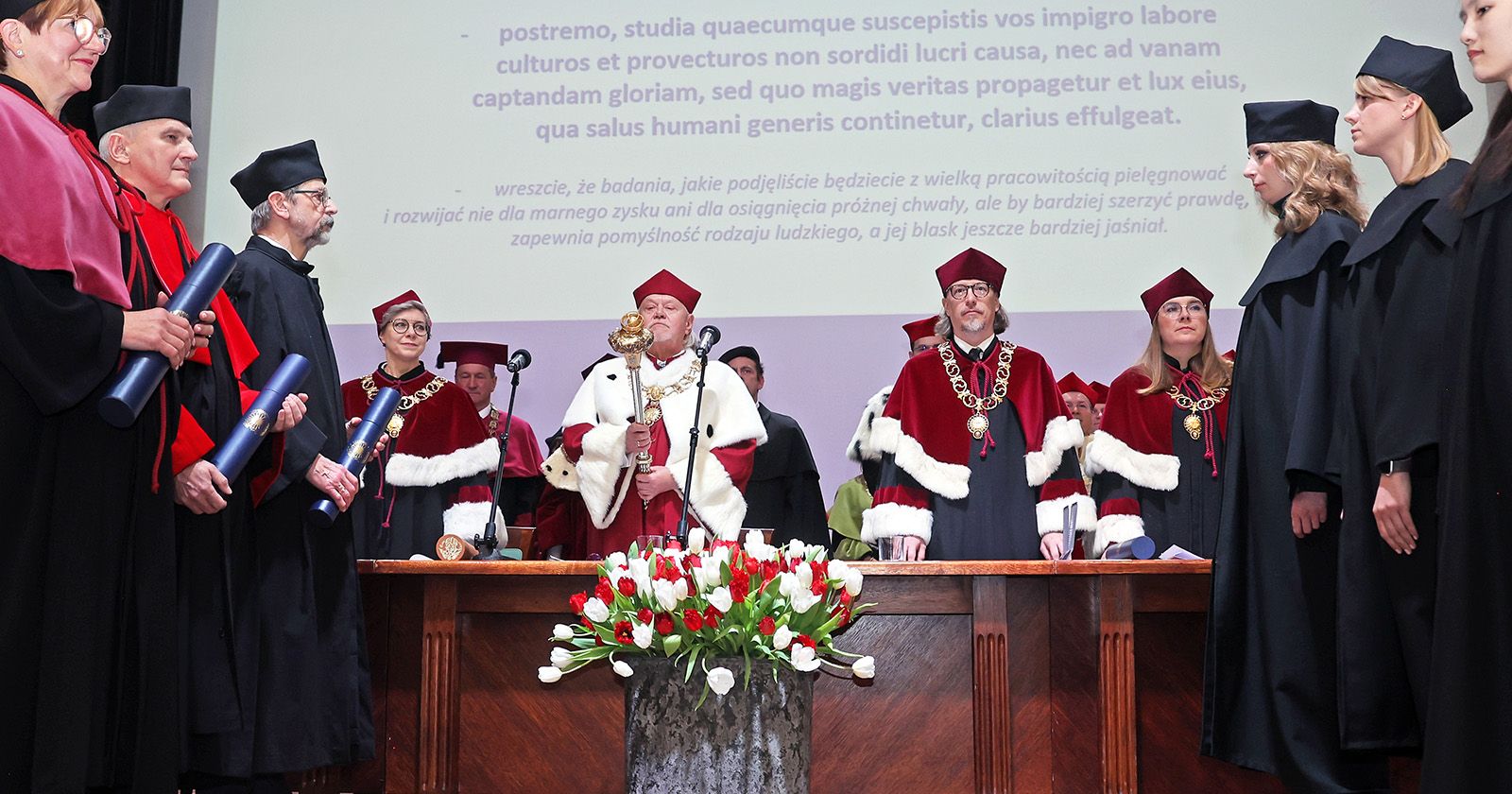 Doctoral promotion ceremony, the rector's college stands behind the presidium table, with the supervisors and newly promoted doctors on either side. In the background there is a screen displaying the content of the oath
