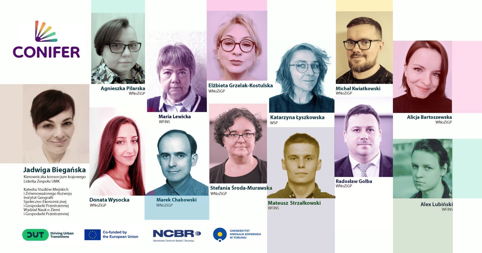 Główną osią działań projektu CONIFER będzie praca na rzecz poprawy infrastruktury miast Grafika składająca się ze zdjęć portretowych osób z UMK zaangażowanych w projekt CONIFER. Na dole grafiki zamieszczono loga podmiotów zaangażowanych w projekt.