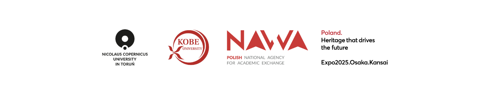 zestaw logotypów, od lewej: UMK, Kobe University, NAWA i Expo2025